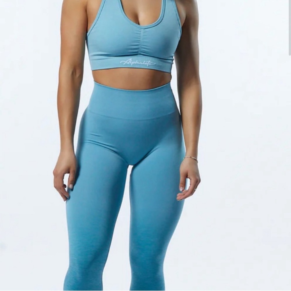 Alphalete Amplify Bra and Leggings Set Faded Ocean Here Comes the Sun Size Small